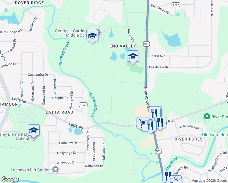 map of restaurants, bars, coffee shops, grocery stores, and more near 5040 McKittrick Lane in Durham