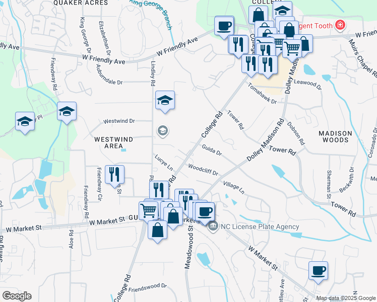 map of restaurants, bars, coffee shops, grocery stores, and more near 313 College Road in Greensboro