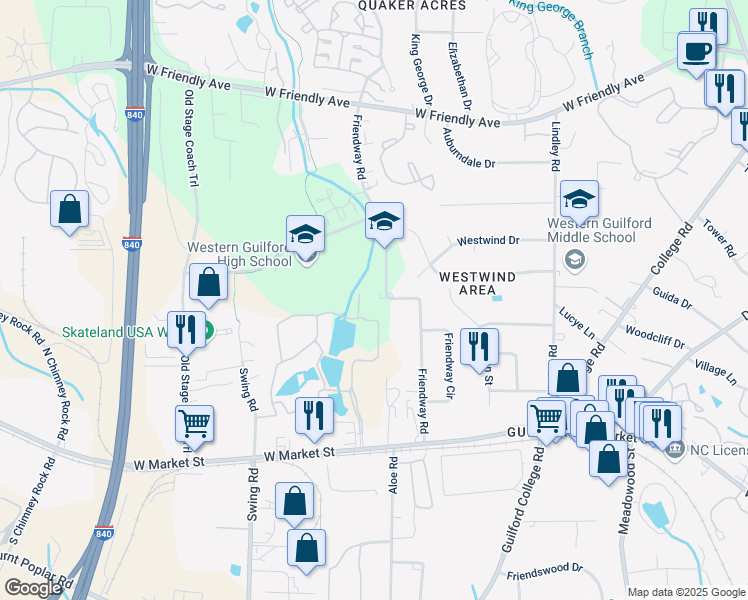 map of restaurants, bars, coffee shops, grocery stores, and more near 401 Friendway Road in Greensboro