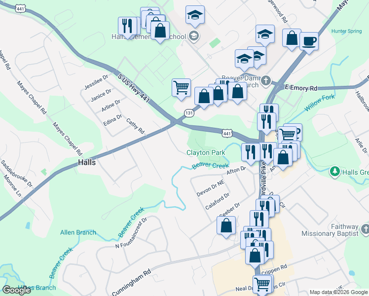 map of restaurants, bars, coffee shops, grocery stores, and more near 7324 Shalimar Point Way in Knoxville