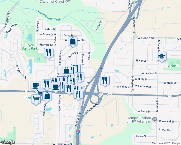 map of restaurants, bars, coffee shops, grocery stores, and more near 2895 West Dorothy Jeanne Street in Fayetteville