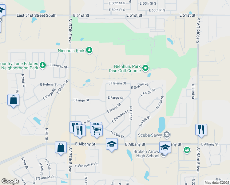 map of restaurants, bars, coffee shops, grocery stores, and more near 1412 East Fargo Street in Broken Arrow