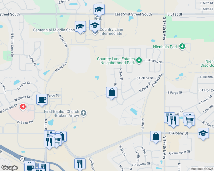 map of restaurants, bars, coffee shops, grocery stores, and more near 103 East Granger Place in Broken Arrow