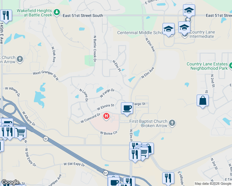 map of restaurants, bars, coffee shops, grocery stores, and more near 809 West Fargo Drive in Broken Arrow