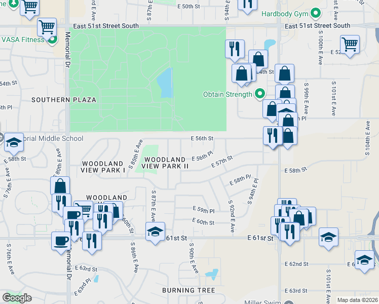 map of restaurants, bars, coffee shops, grocery stores, and more near 8935 East 56th Place in Tulsa