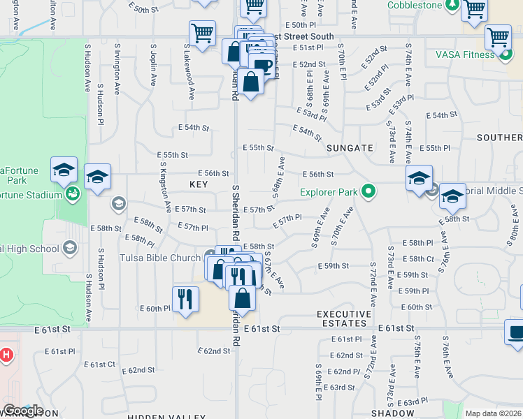 map of restaurants, bars, coffee shops, grocery stores, and more near 6618 East 57th Street in Tulsa