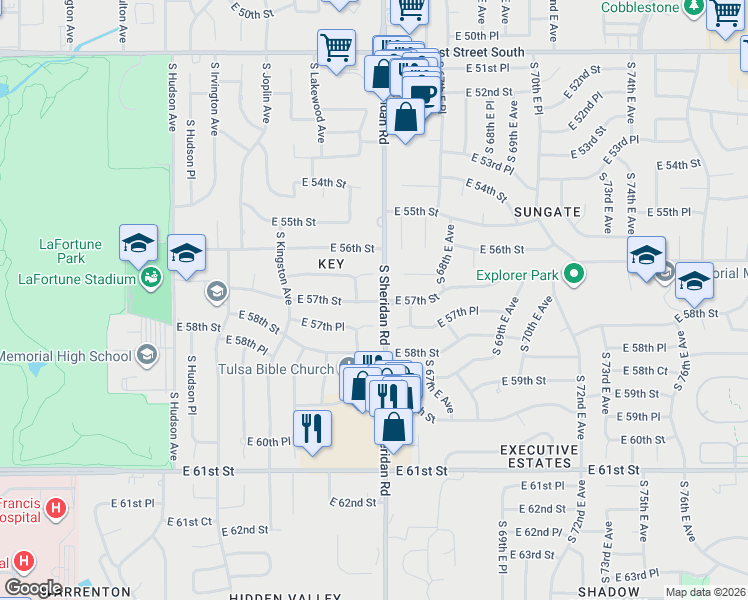map of restaurants, bars, coffee shops, grocery stores, and more near 6066 East 57th Street in Tulsa