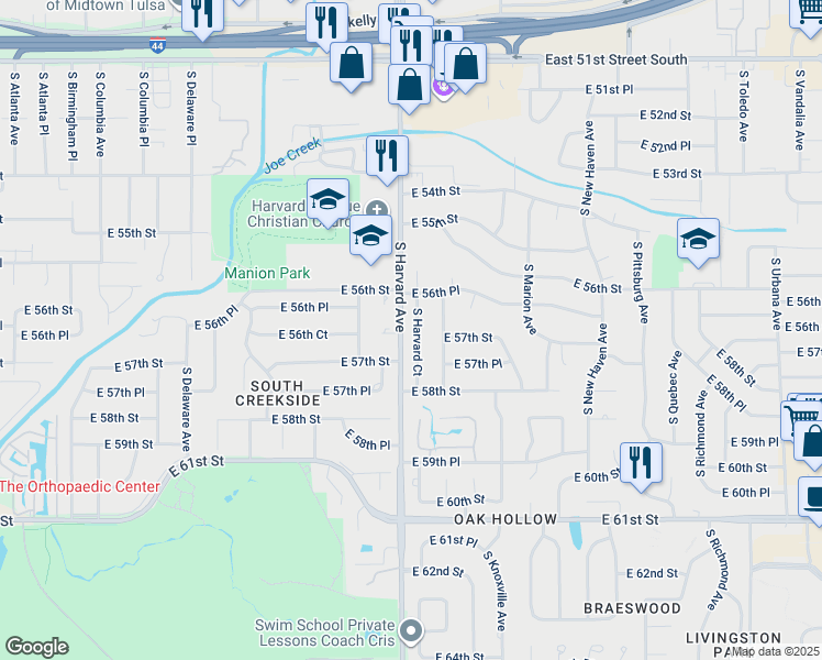 map of restaurants, bars, coffee shops, grocery stores, and more near 5634 South Harvard Court in Tulsa