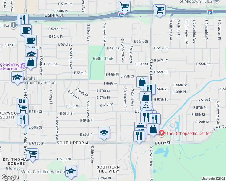 map of restaurants, bars, coffee shops, grocery stores, and more near 1770 East 57th Street in Tulsa
