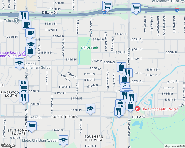 map of restaurants, bars, coffee shops, grocery stores, and more near 1770 East 57th Street in Tulsa