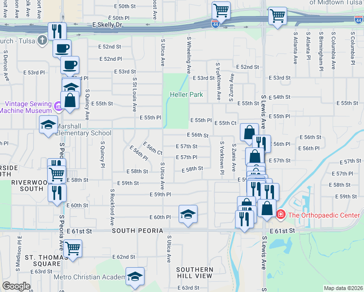map of restaurants, bars, coffee shops, grocery stores, and more near 1734 East 57th Street in Tulsa