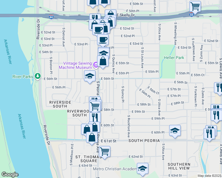 map of restaurants, bars, coffee shops, grocery stores, and more near 5326 South Quaker Avenue in Tulsa