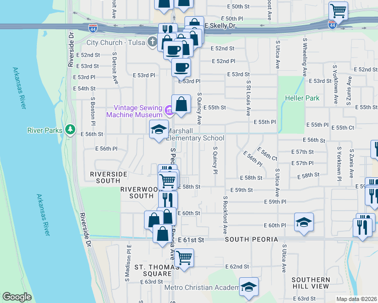 map of restaurants, bars, coffee shops, grocery stores, and more near 5326 South Quaker Avenue in Tulsa
