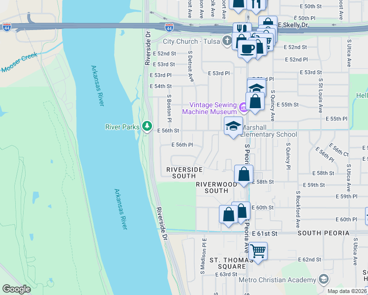 map of restaurants, bars, coffee shops, grocery stores, and more near 137 East 57th Street in Tulsa