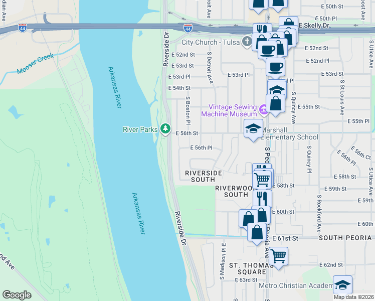 map of restaurants, bars, coffee shops, grocery stores, and more near 137 East 57th Street in Tulsa
