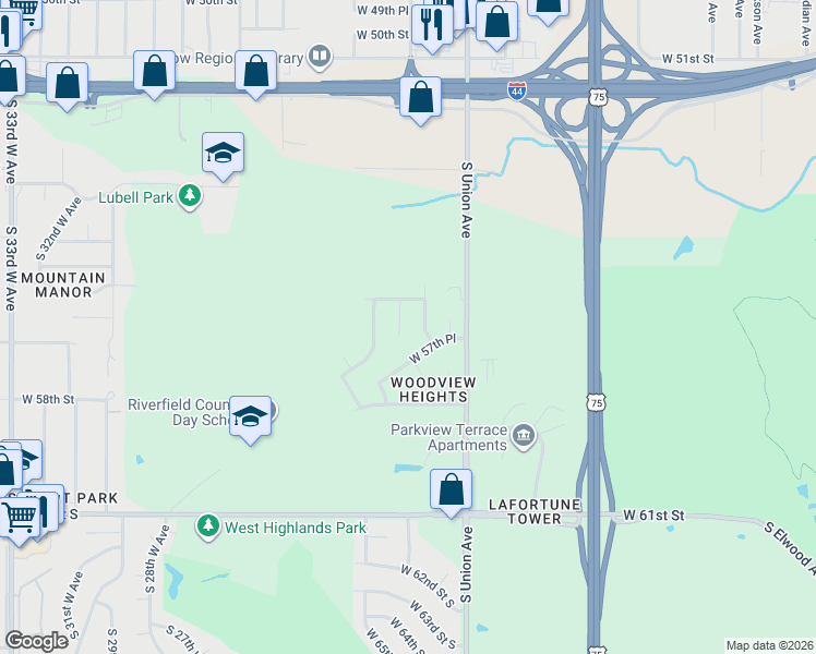 map of restaurants, bars, coffee shops, grocery stores, and more near 5640 South Vancouver Place in Tulsa