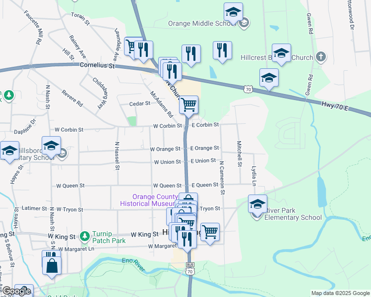 map of restaurants, bars, coffee shops, grocery stores, and more near North Churton Street in Hillsborough