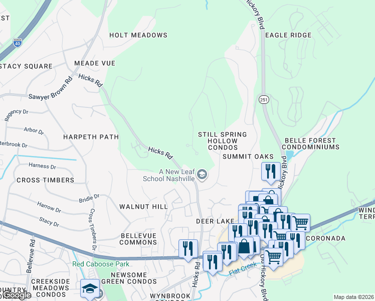 map of restaurants, bars, coffee shops, grocery stores, and more near 406 Hicks Road in Nashville
