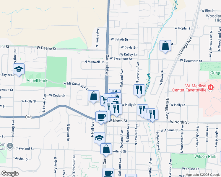 map of restaurants, bars, coffee shops, grocery stores, and more near 1322 Garland Avenue in Fayetteville