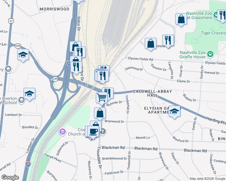 map of restaurants, bars, coffee shops, grocery stores, and more near 716 Harding Place in Nashville
