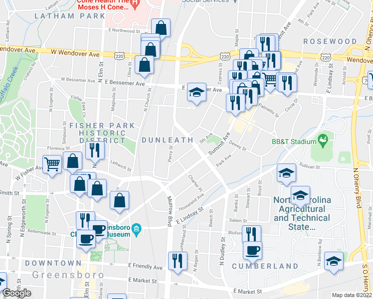 map of restaurants, bars, coffee shops, grocery stores, and more near 613 5th Avenue in Greensboro