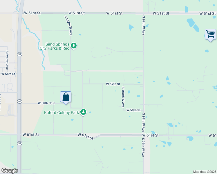 map of restaurants, bars, coffee shops, grocery stores, and more near 5702 South 102nd West Avenue in Sand Springs