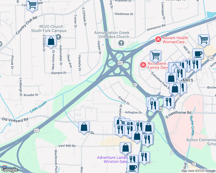 map of restaurants, bars, coffee shops, grocery stores, and more near 3505 Chelsea Village Lane in Winston-Salem