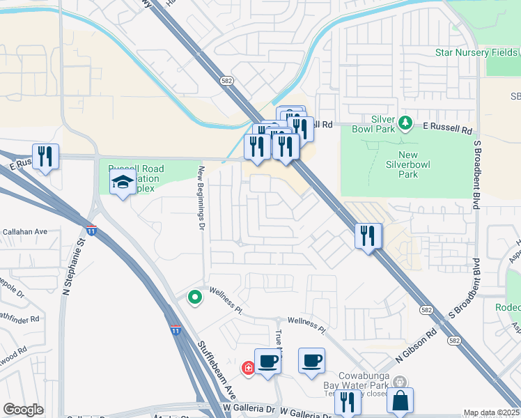 map of restaurants, bars, coffee shops, grocery stores, and more near 5940 High Steed Street in Henderson
