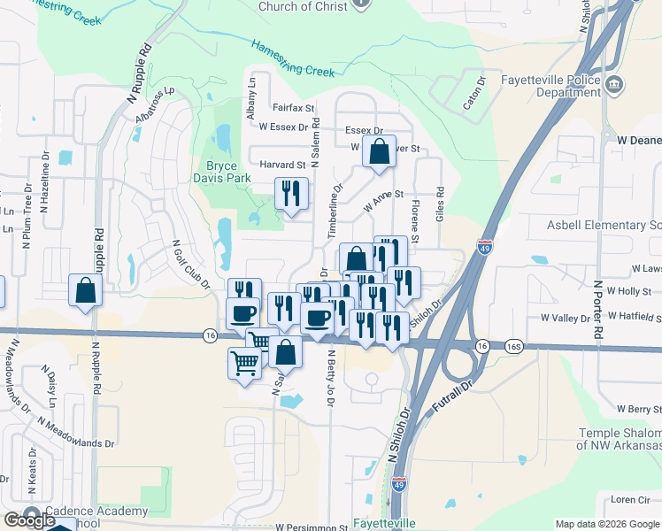map of restaurants, bars, coffee shops, grocery stores, and more near 3241 West Montrail Place in Fayetteville