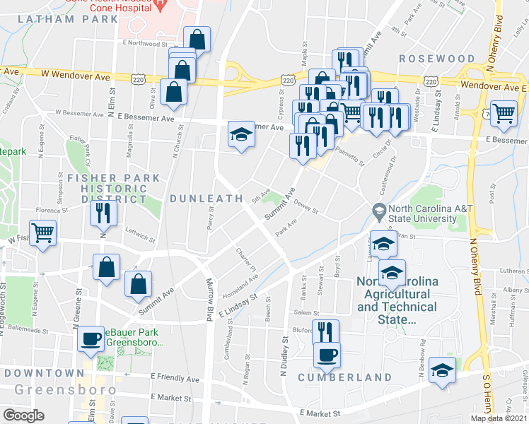 map of restaurants, bars, coffee shops, grocery stores, and more near 707 Summit Avenue in Greensboro