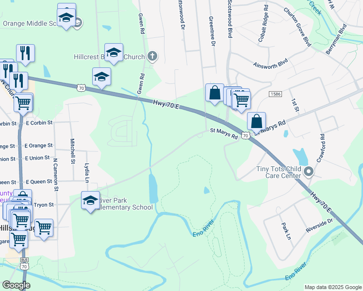 map of restaurants, bars, coffee shops, grocery stores, and more near Saint Marys Road in Hillsborough