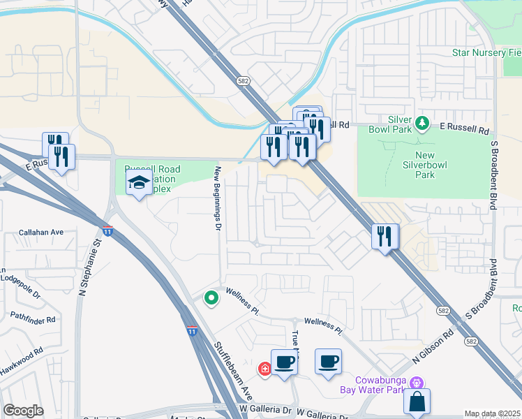 map of restaurants, bars, coffee shops, grocery stores, and more near 5939 Trickling Descent Street in Henderson