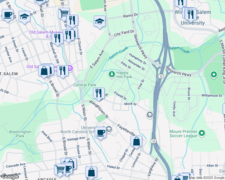map of restaurants, bars, coffee shops, grocery stores, and more near Powell Street in Winston-Salem