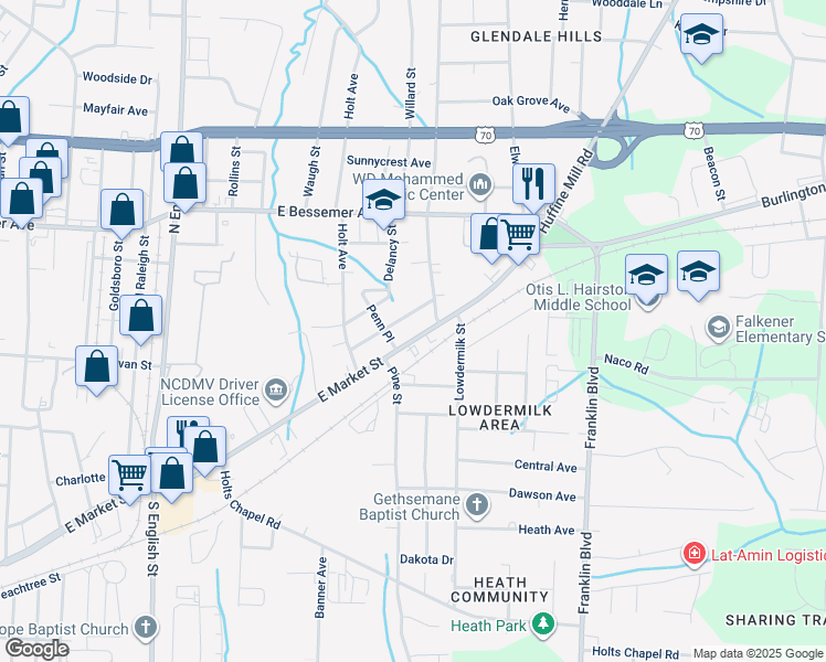 map of restaurants, bars, coffee shops, grocery stores, and more near 2813 East Market Street in Greensboro