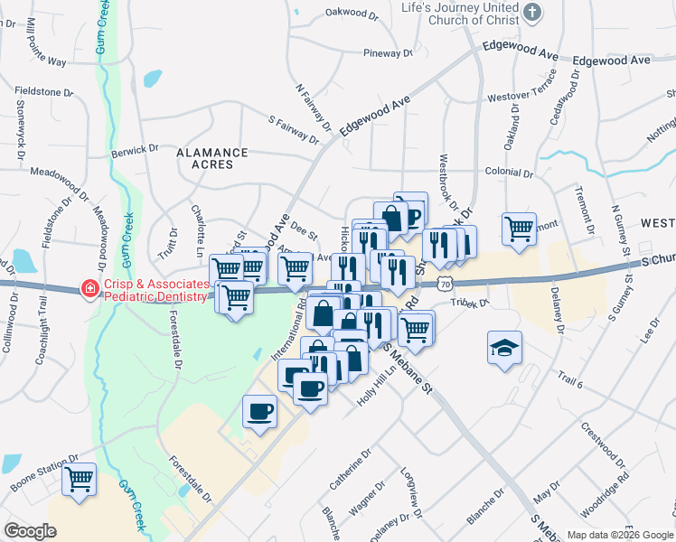 map of restaurants, bars, coffee shops, grocery stores, and more near 2614 Hickory Avenue in Burlington