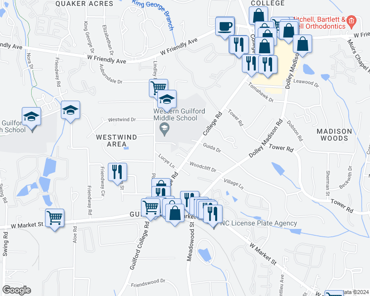 map of restaurants, bars, coffee shops, grocery stores, and more near 317 College Road in Greensboro