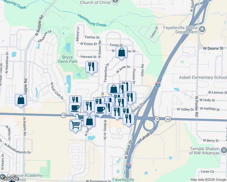 map of restaurants, bars, coffee shops, grocery stores, and more near 1267 Steamboat Drive in Fayetteville