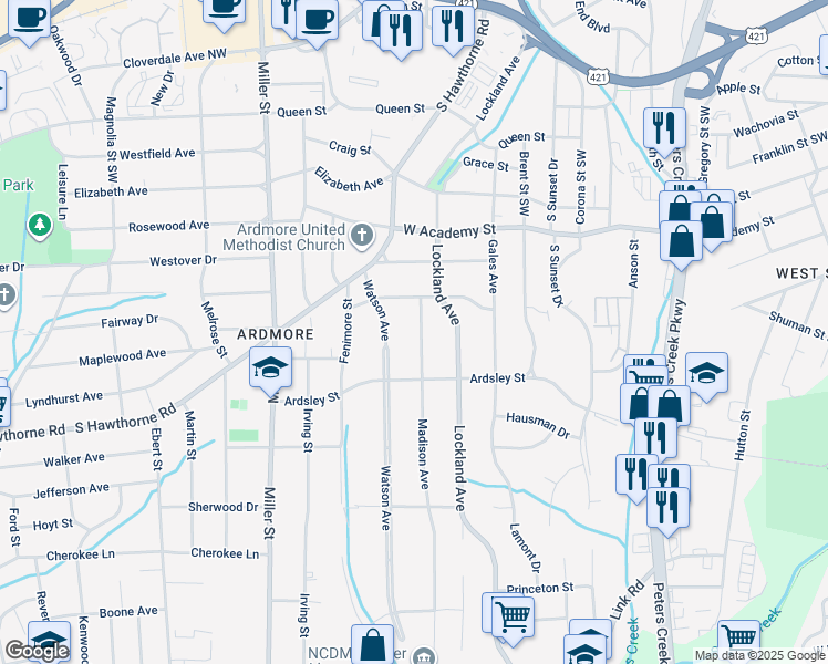 map of restaurants, bars, coffee shops, grocery stores, and more near 830 Madison Avenue in Winston-Salem