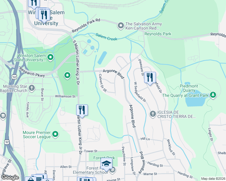 map of restaurants, bars, coffee shops, grocery stores, and more near 1346 Peachtree Street in Winston-Salem