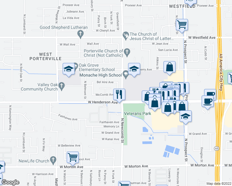 map of restaurants, bars, coffee shops, grocery stores, and more near 863 Greenfield Drive in Porterville