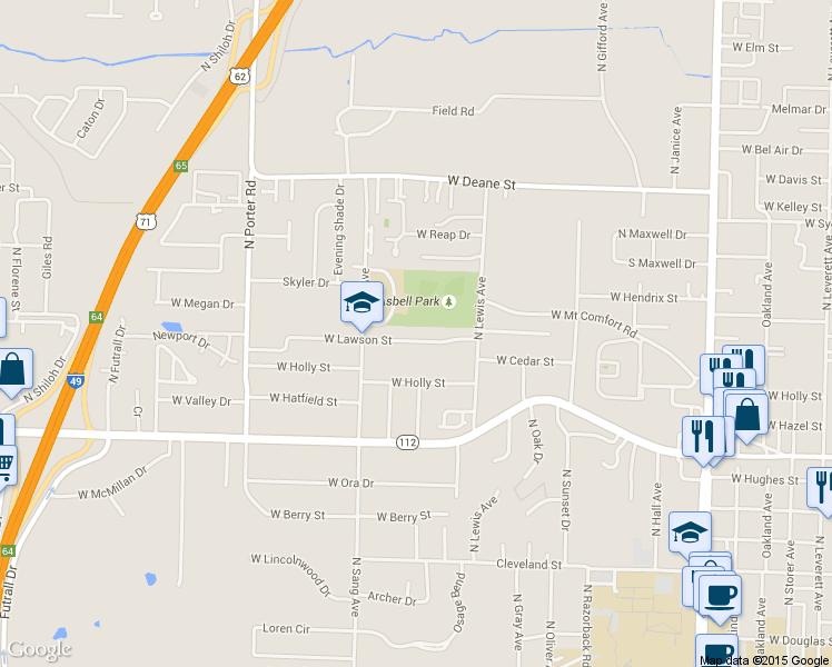 map of restaurants, bars, coffee shops, grocery stores, and more near 1860 West Lawson Street in Fayetteville