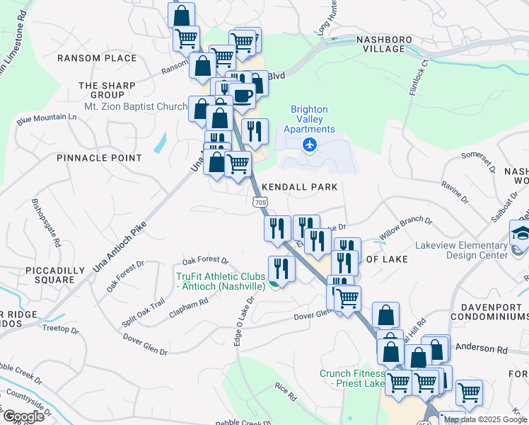 map of restaurants, bars, coffee shops, grocery stores, and more near 2453 Murfreesboro Pike in Nashville
