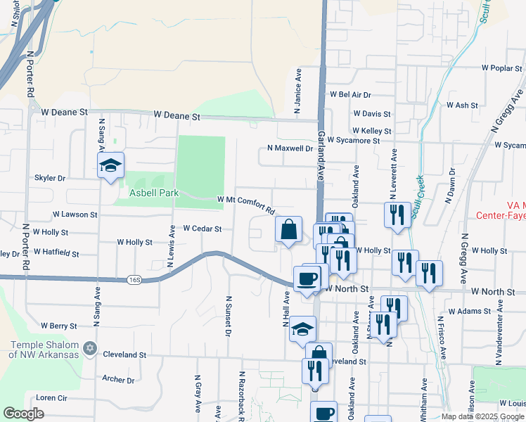 map of restaurants, bars, coffee shops, grocery stores, and more near 1311 West Mount Comfort Road in Fayetteville