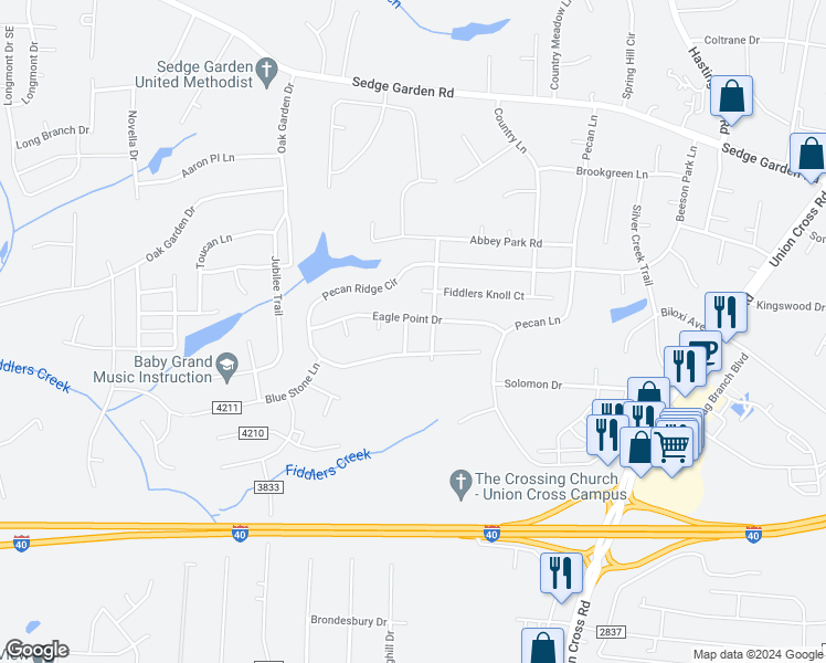 map of restaurants, bars, coffee shops, grocery stores, and more near 1515 Eagle Watch Lane in Kernersville