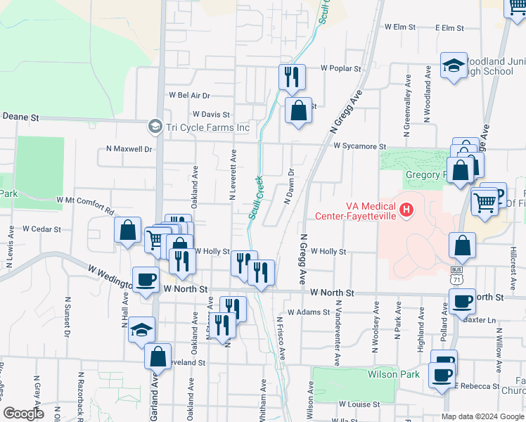 map of restaurants, bars, coffee shops, grocery stores, and more near 1431 North Bernice Drive in Fayetteville