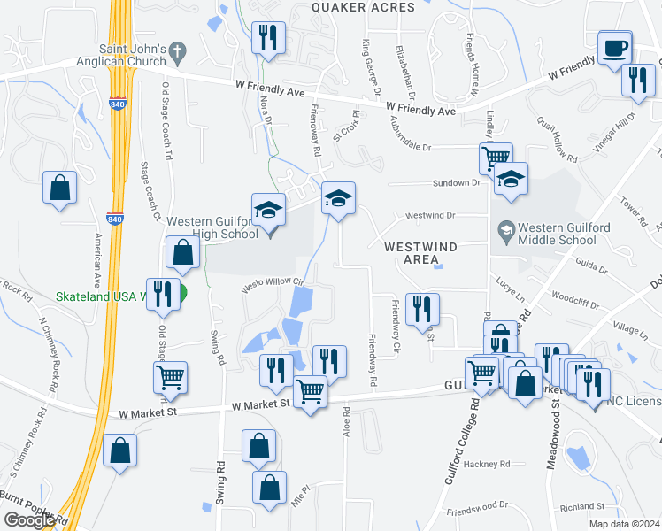 map of restaurants, bars, coffee shops, grocery stores, and more near 403 Friendway Road in Greensboro