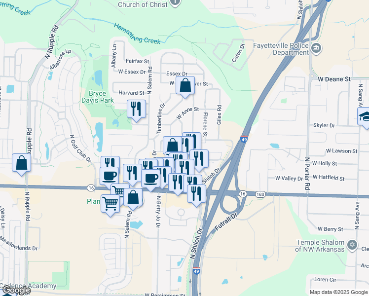 map of restaurants, bars, coffee shops, grocery stores, and more near 3130 Telluride Drive in Fayetteville