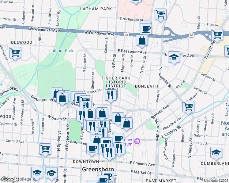 map of restaurants, bars, coffee shops, grocery stores, and more near 630 North Elm Street in Greensboro