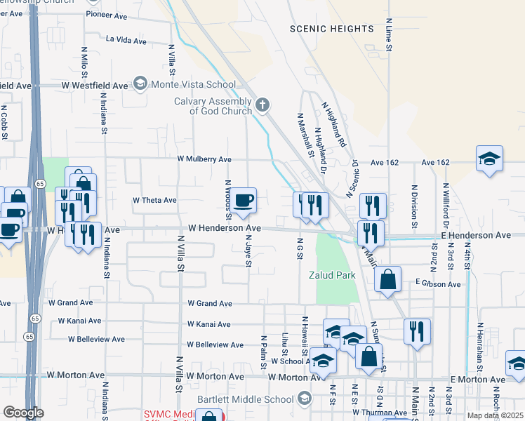 map of restaurants, bars, coffee shops, grocery stores, and more near 810 N Jaye St in Porterville