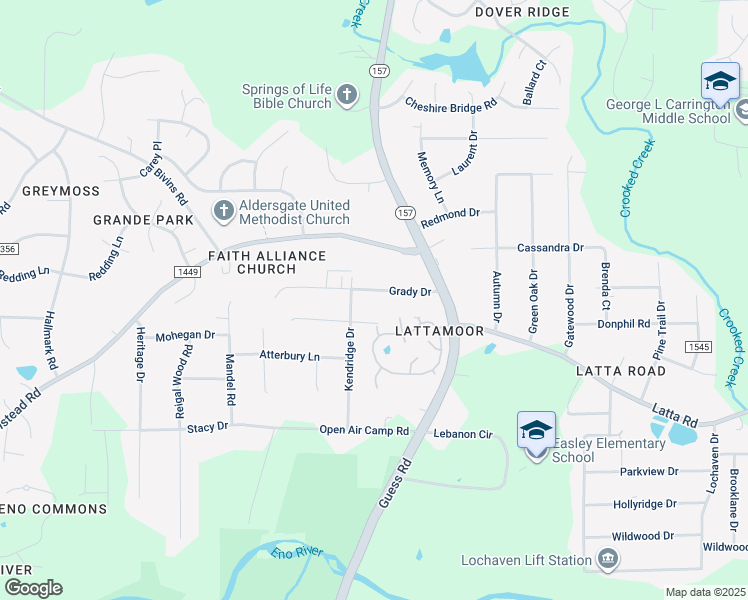 map of restaurants, bars, coffee shops, grocery stores, and more near 1733 Grady Drive in Durham